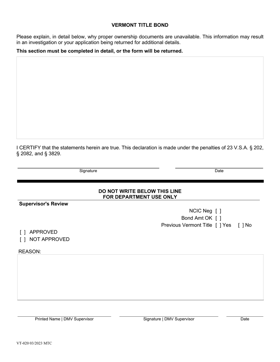 Form VT-020 - Fill Out, Sign Online and Download Printable PDF, Vermont ...