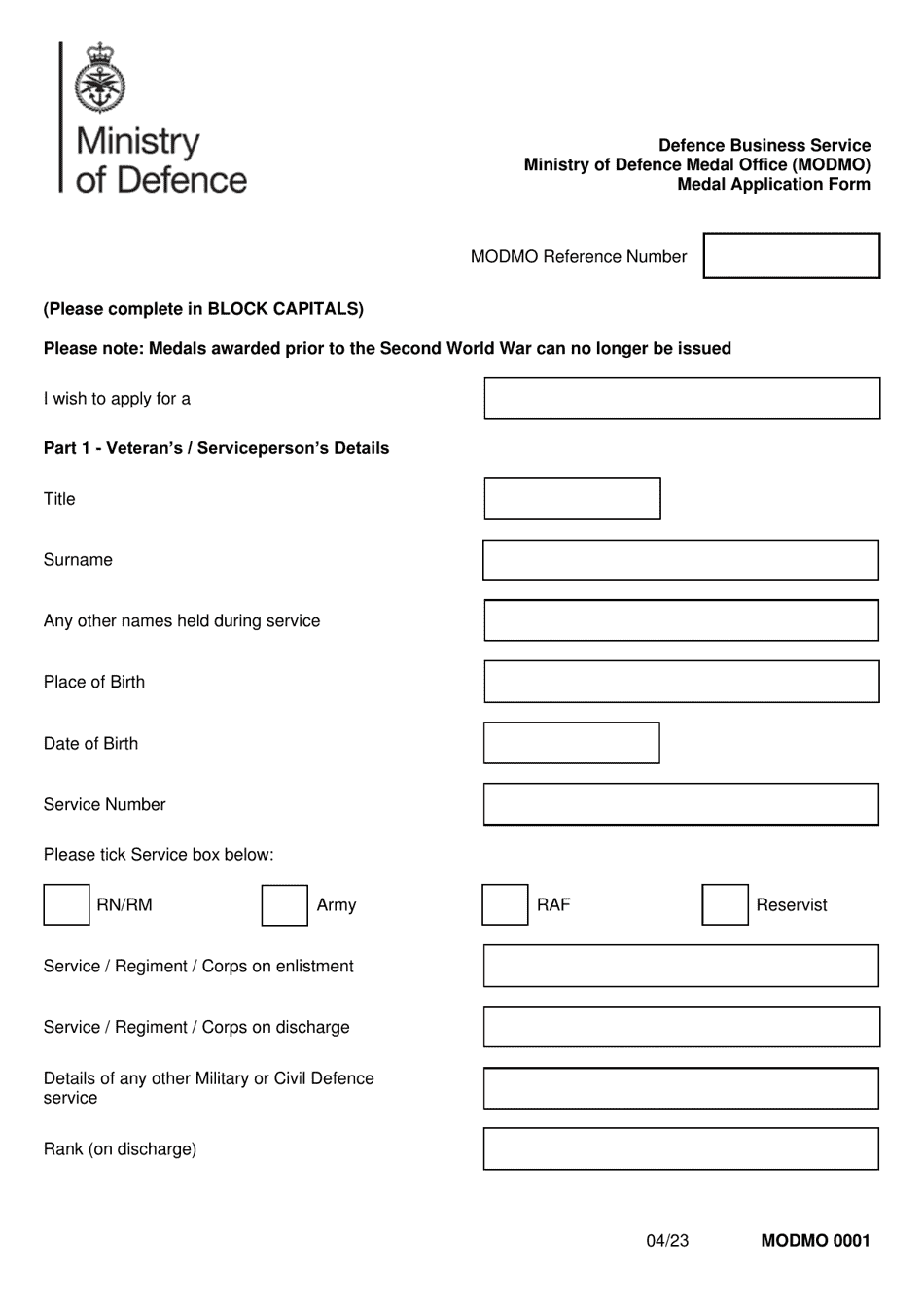 Form MODMO0001 Medal Application Form - United Kingdom, Page 3
