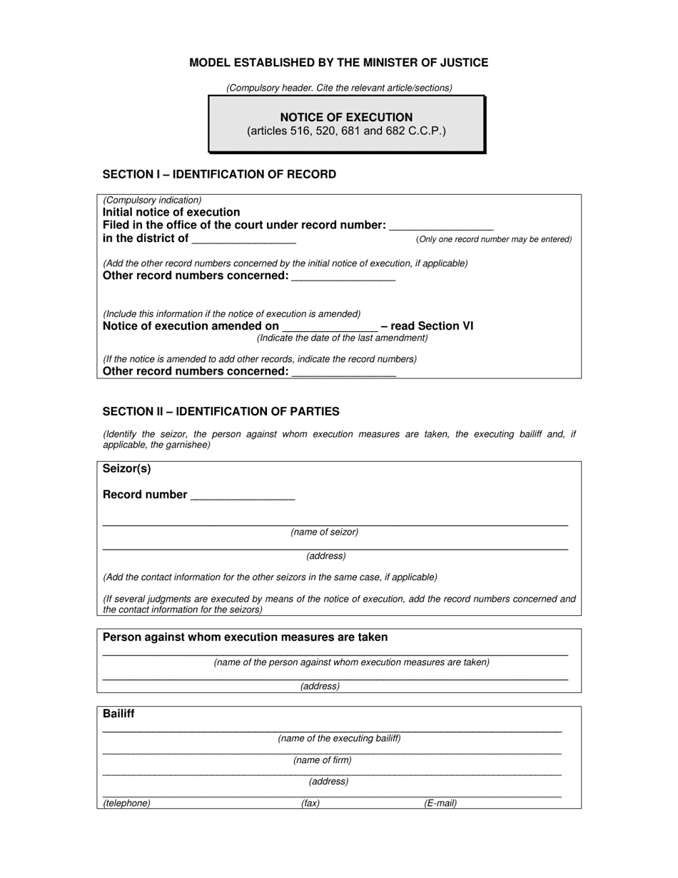 Schedule 8 Notice of Execution (Articles 516, 520, 681 and 682, Code of Civil Procedure) - Quebec, Canada, Page 1