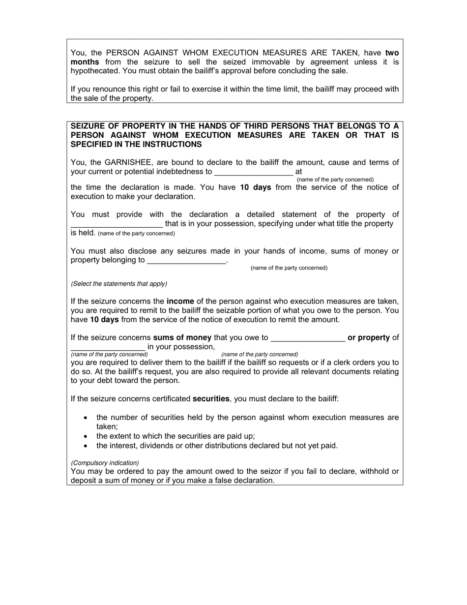 Schedule 8 Notice of Execution (Articles 516, 520, 681 and 682, Code of Civil Procedure) - Quebec, Canada, Page 5