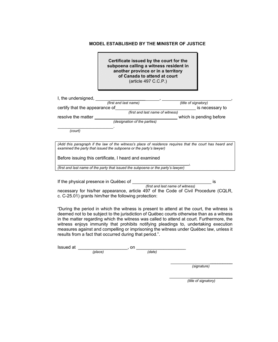 Quebec Canada Certificate Issued by the Court for the Subpoena Calling ...