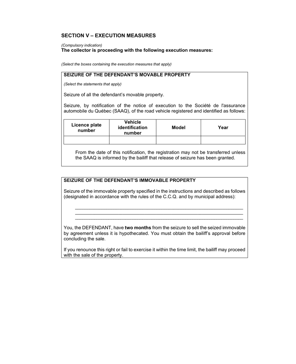 Notice of Execution Drawn up by the Collector (Articles 681 and 682 C.c.p. and 330 C.c.p.) - Quebec, Canada, Page 4