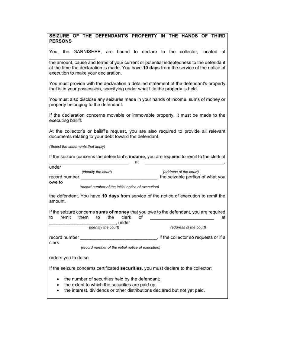 Notice of Execution Drawn up by the Collector (Articles 681 and 682 C.c.p. and 330 C.c.p.) - Quebec, Canada, Page 5