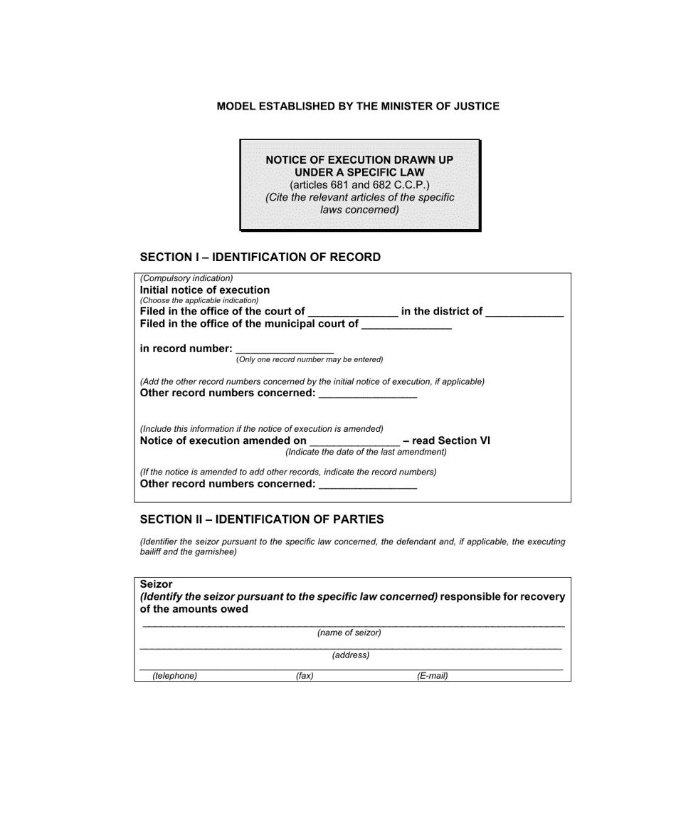 Notice of Execution Drawn up Under a Specific Law (Articles 681 and 682 C.c.p.) - Quebec, Canada, Page 1