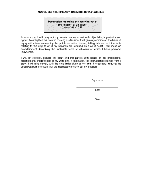 Declaration Regarding the Carrying out of the Mission of an Expert (Article 235 C.c.p.) - Quebec, Canada Download Pdf