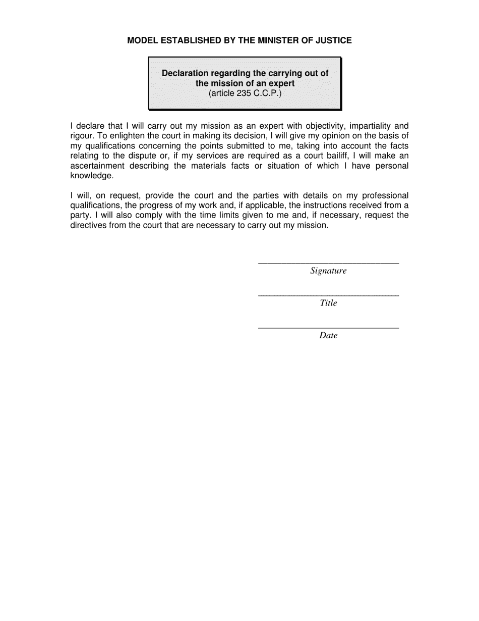Declaration Regarding the Carrying out of the Mission of an Expert (Article 235 C.c.p.) - Quebec, Canada, Page 1