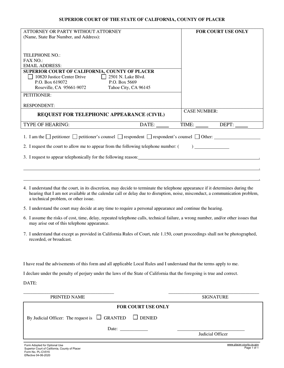 Form PL-CV015 Request for Telephonic Appearance (Civil) - County of Placer, California, Page 1