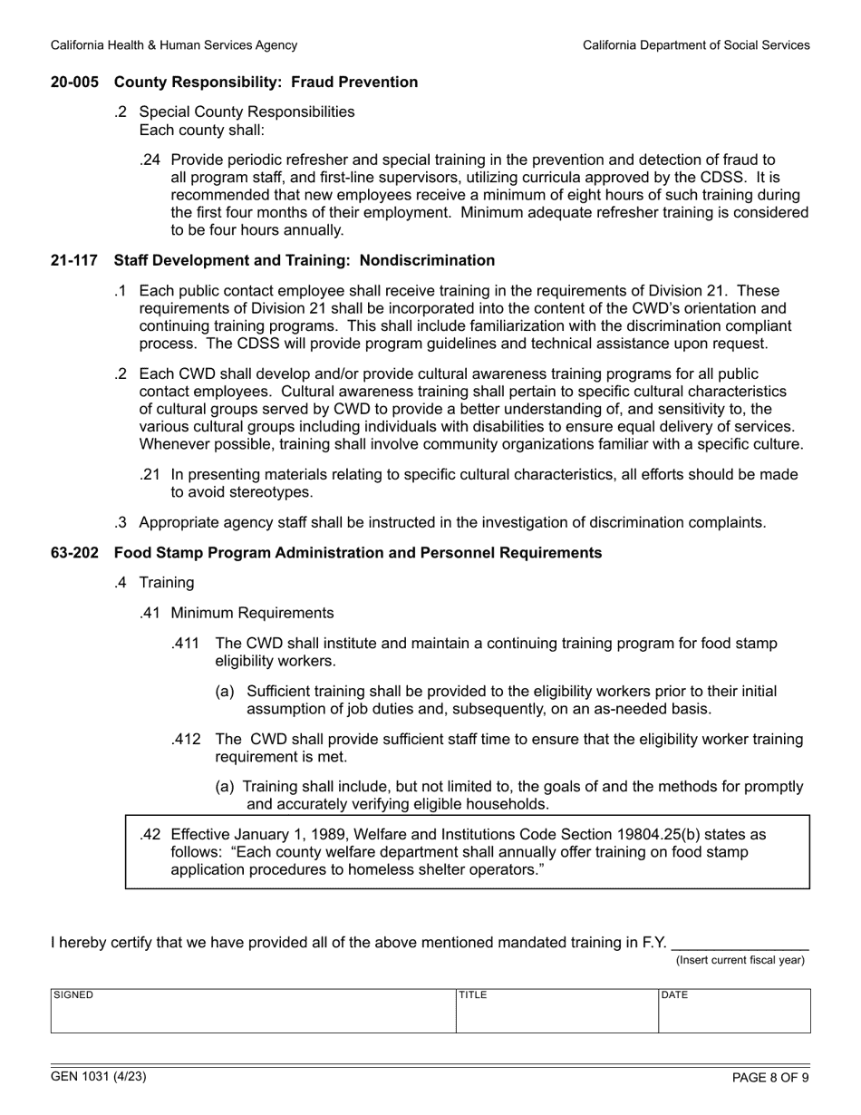Form GEN1031 Annual County Training Plan - California, Page 8