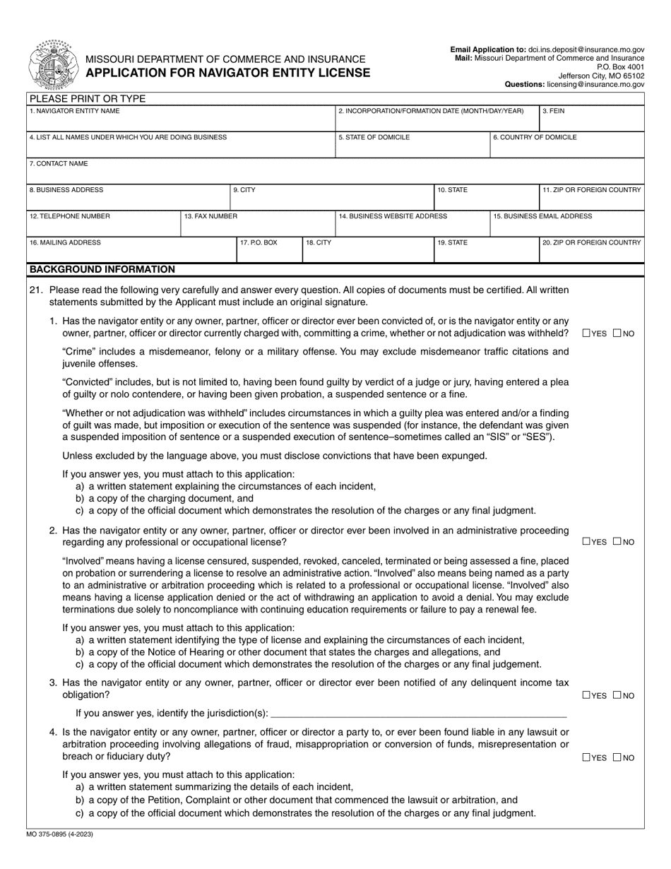 Form MO375-0895 Application for Navigator Entity License - Missouri, Page 1