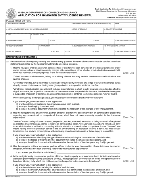 Form MO375-0977 Application for Navigator Entity License Renewal - Missouri