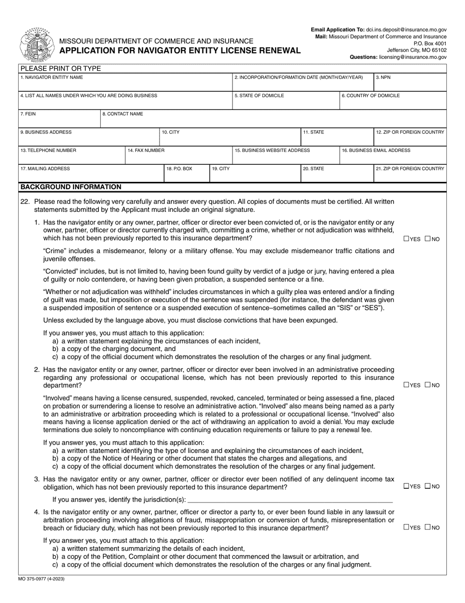 Form MO375-0977 Application for Navigator Entity License Renewal - Missouri, Page 1