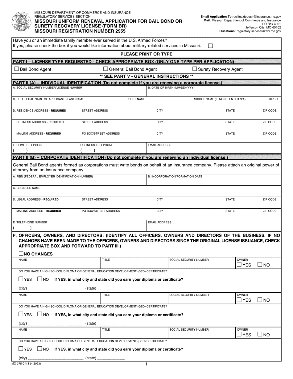 Form BR (MO375-0113) Missouri Uniform Renewal Application for Bail Bond or Surety Recovery License - Missouri, Page 1