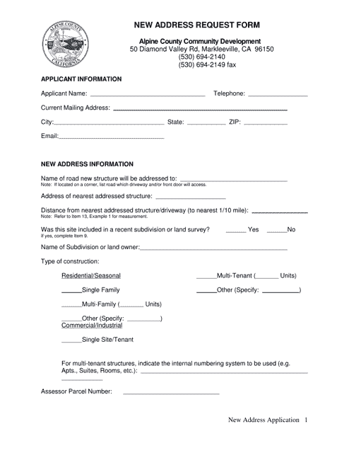 New Address Request Form - Alpine County, California Download Pdf