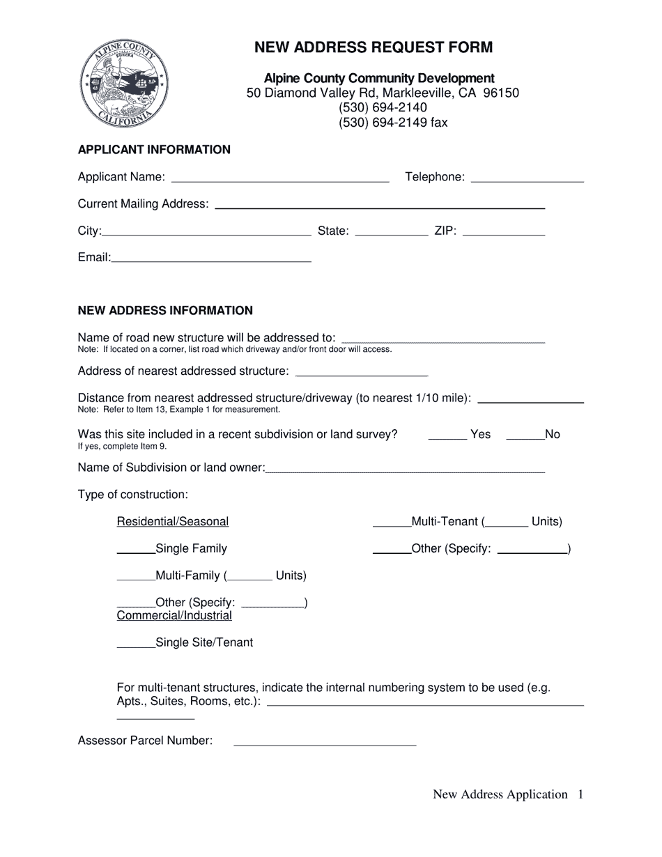 New Address Request Form - Alpine County, California, Page 1