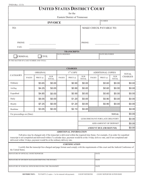 Form TNED Transcript Invoice for Contract Court Reporters - Tennessee