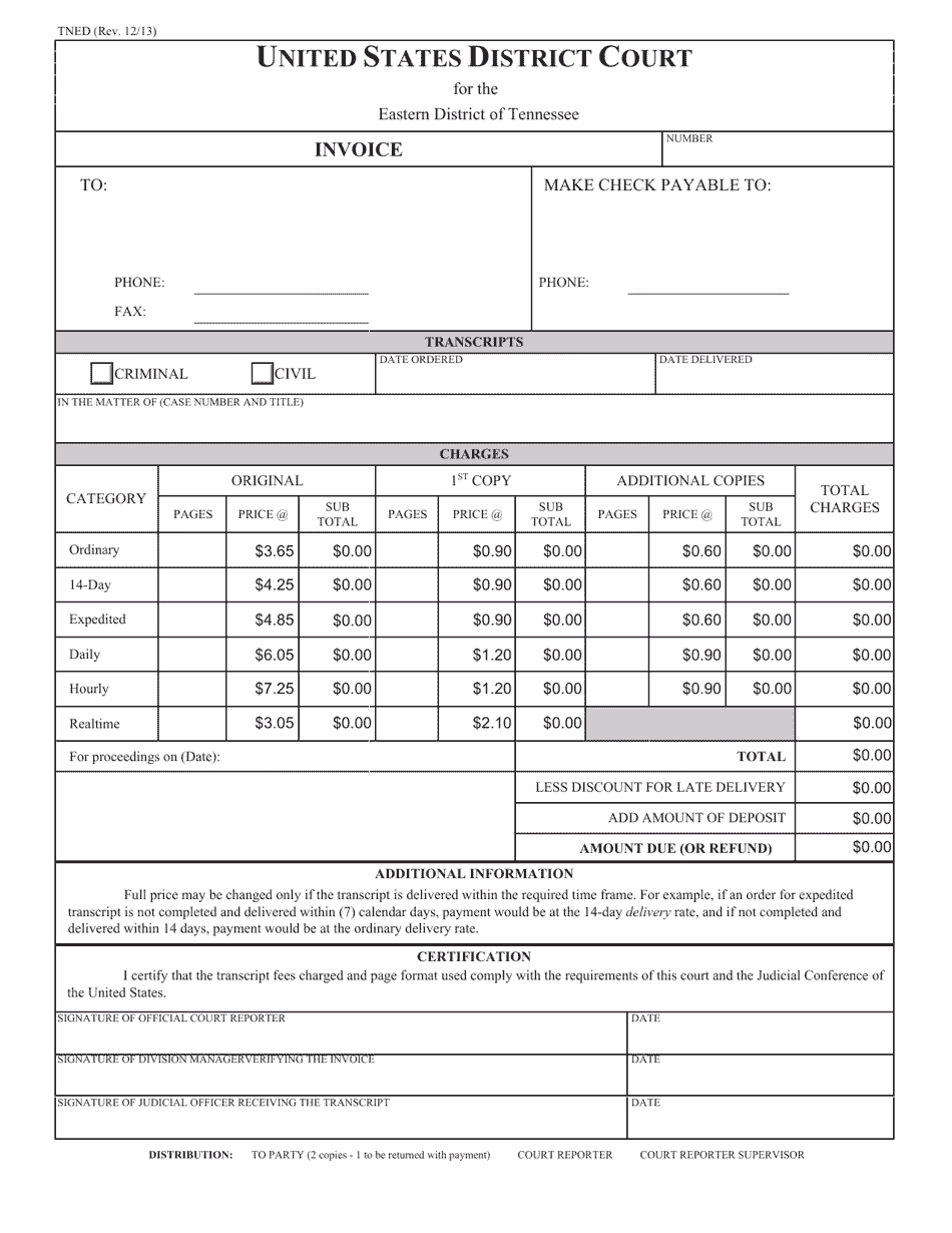 Form TNED Transcript Invoice for Contract Court Reporters - Tennessee, Page 1