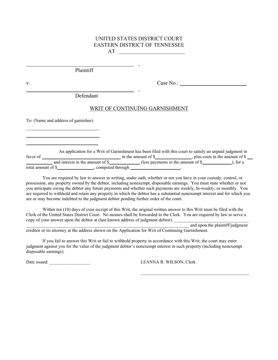 Writ of Continuing Garnishment - Tennessee, Page 1
