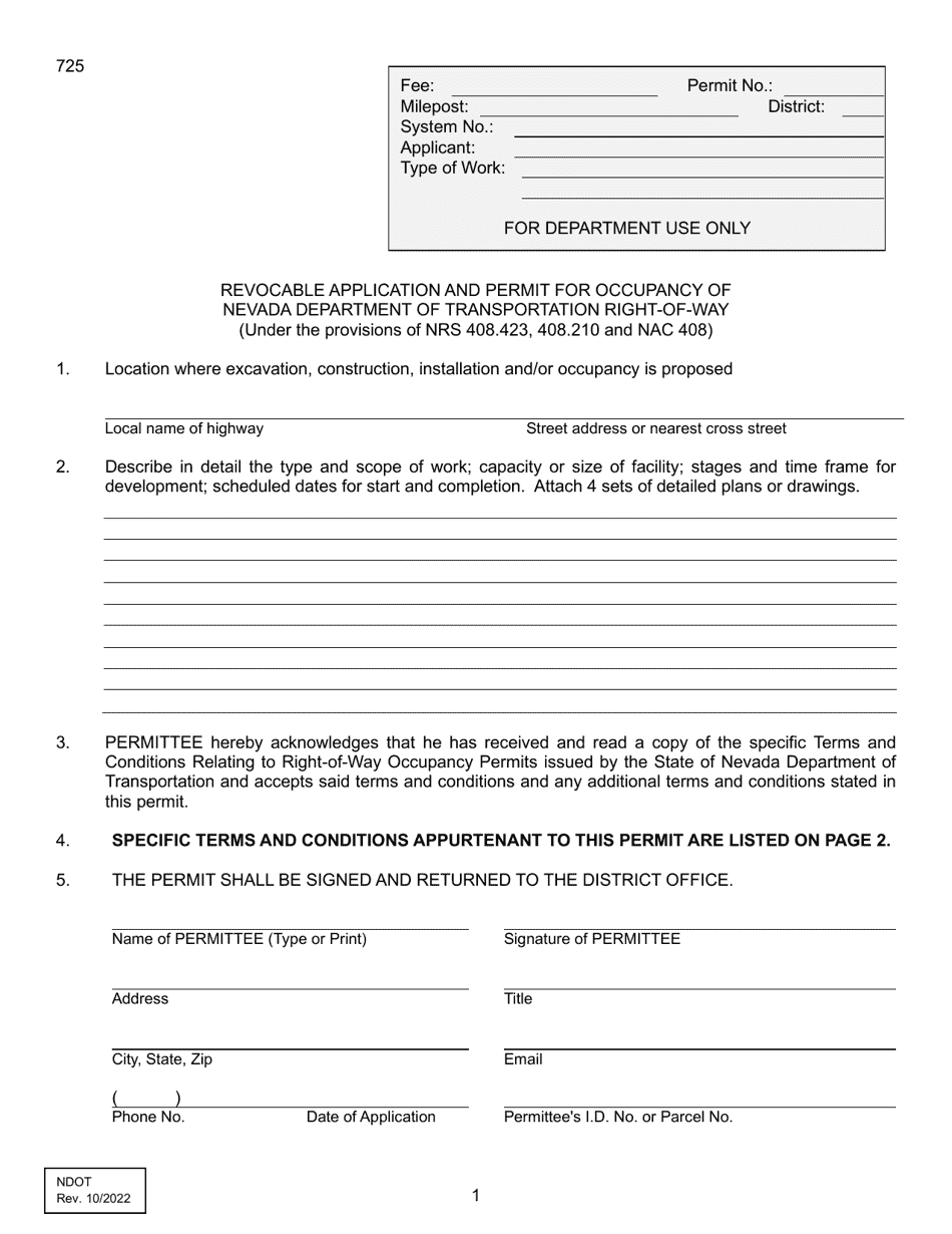 Form 725 Download Fillable Pdf Or Fill Online Revocable Application And Permit For Occupancy Of 4071