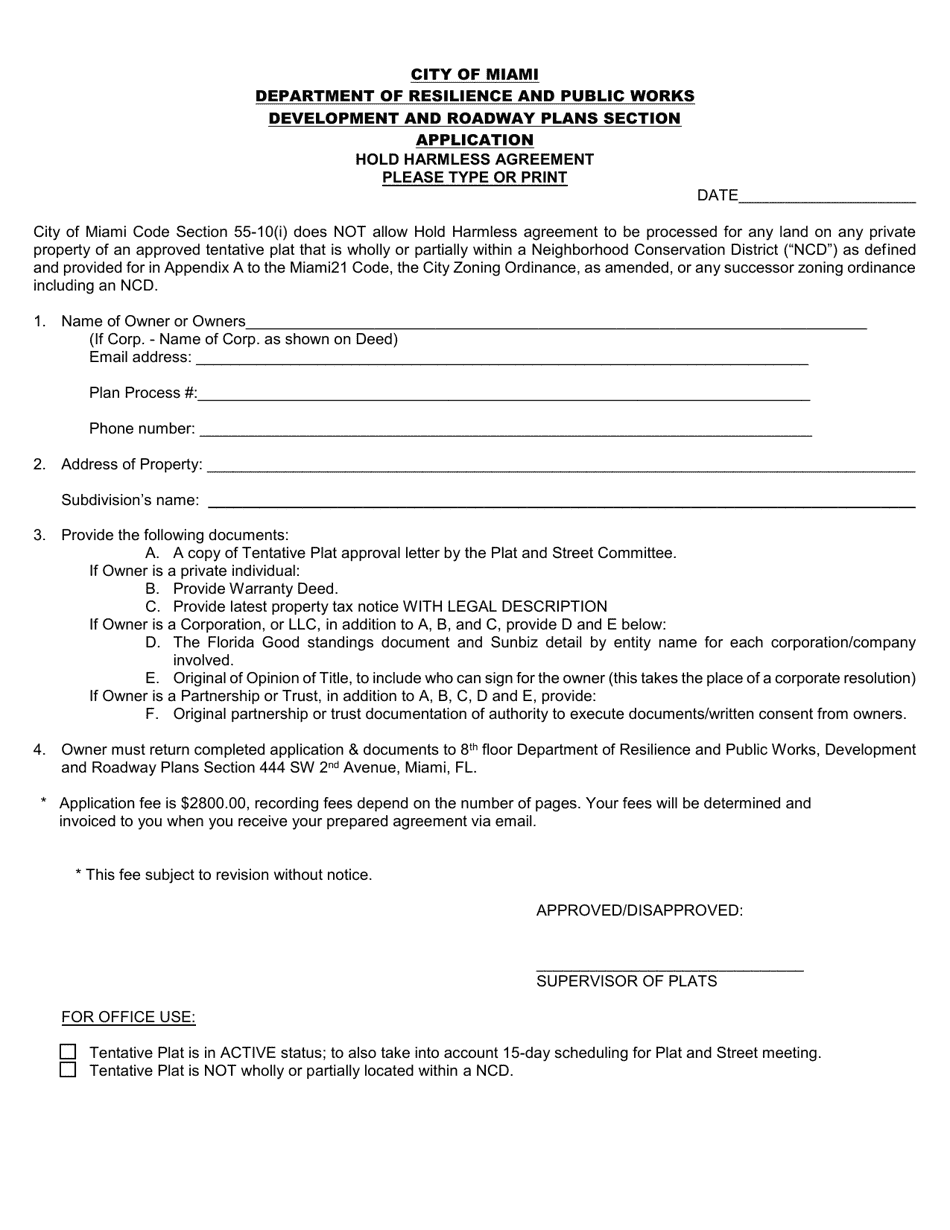 Hold Harmless Agreement - City of Miami, Florida, Page 1