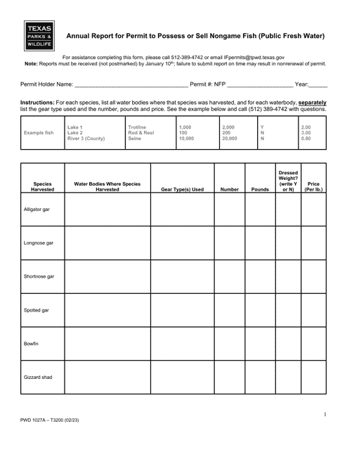 Form PWD1027A Annual Report for Permit to Possess or Sell Nongame Fish (Public Fresh Water) - Texas