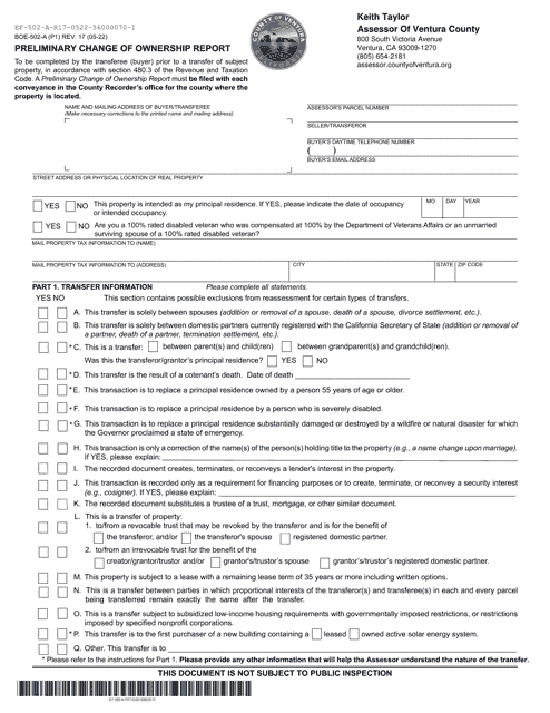 Form BOE-502-A Preliminary Change of Ownership Report - Ventura County, California