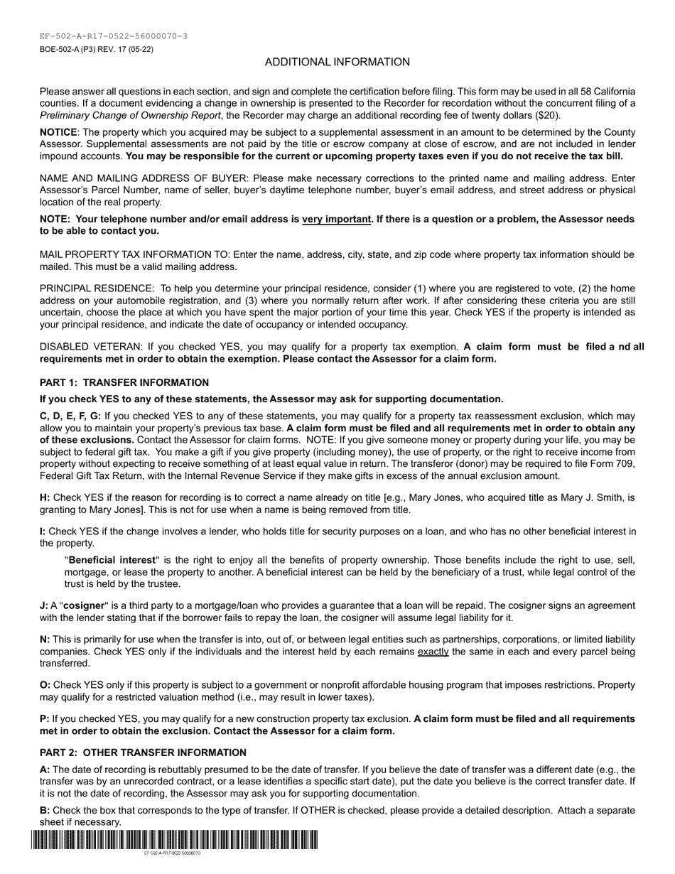 Form BOE-502-A Preliminary Change of Ownership Report - Ventura County, California, Page 3