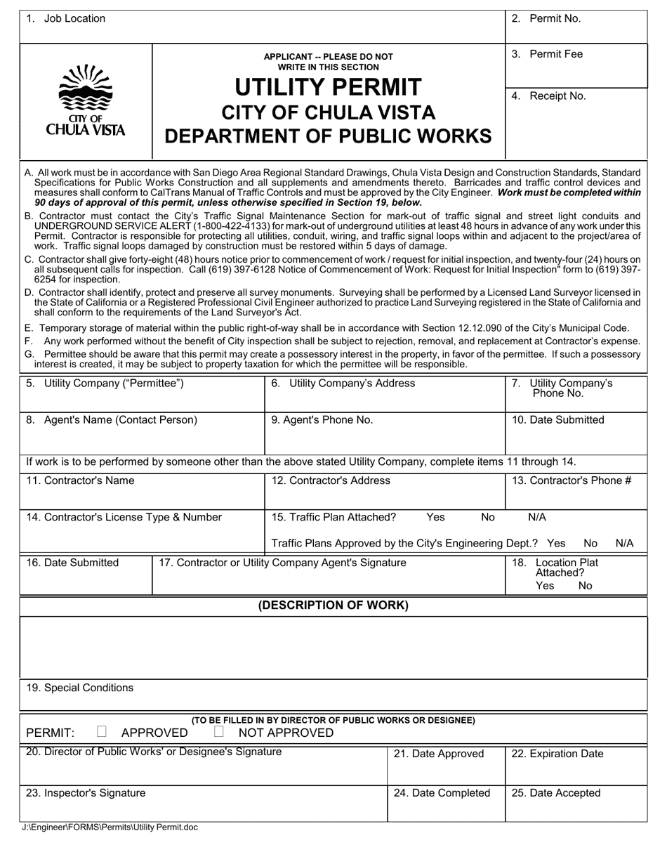 City of Chula Vista, California Utility Permit Fill Out, Sign Online