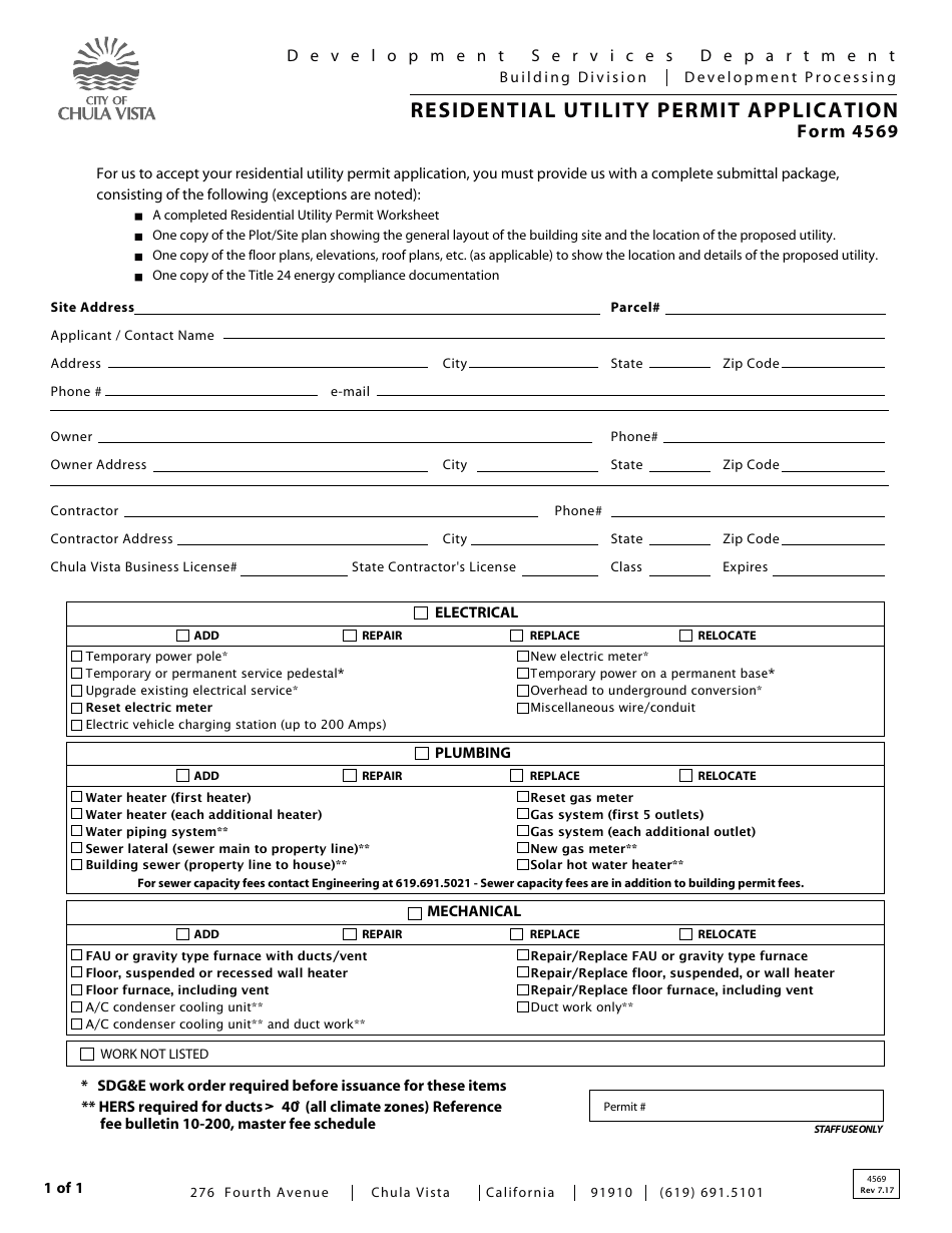 Form 4569 Residential Utility Permit Application - City of Chula Vista, California, Page 1