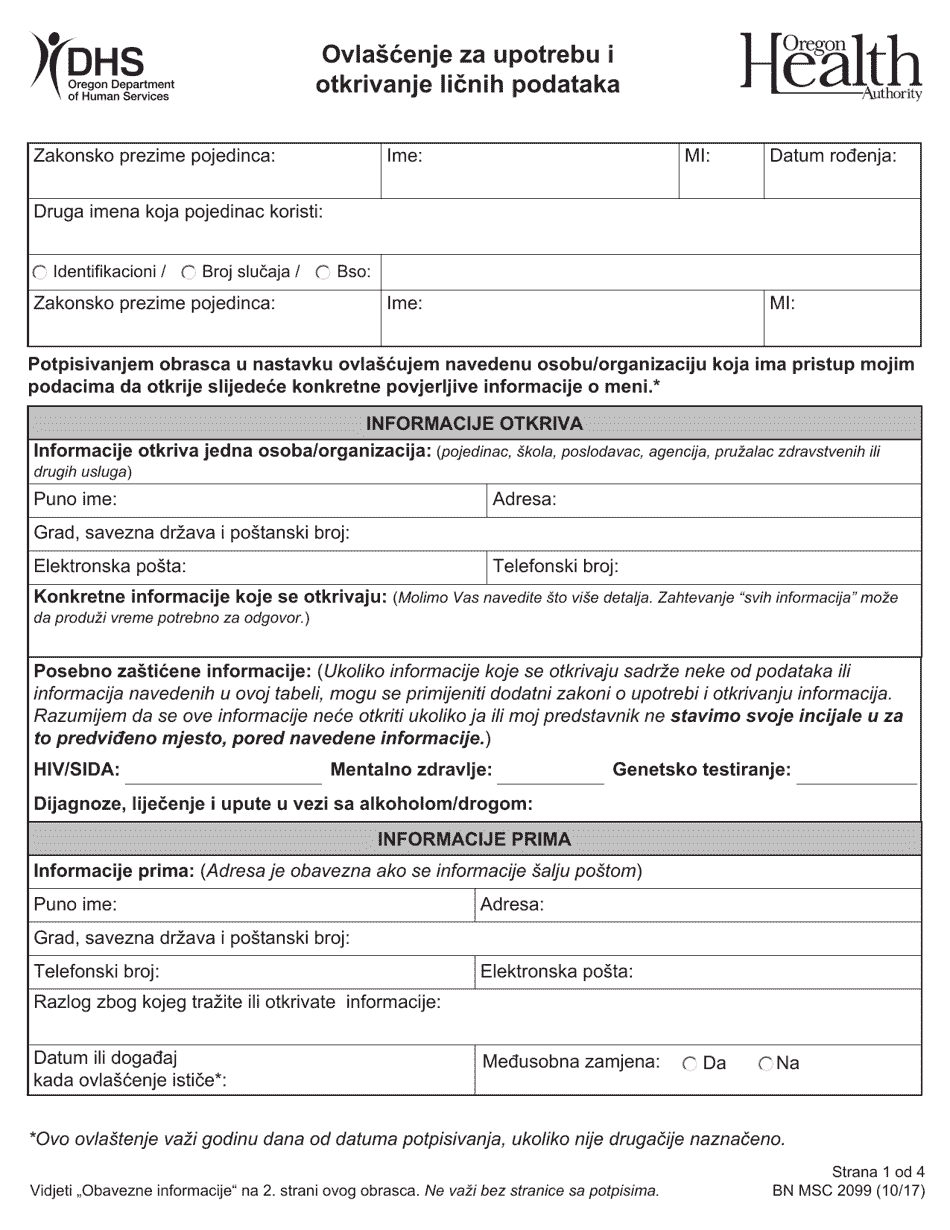 Form MSC2099 Authorization for Use and Disclosure of Individual Information - Oregon (Bosnian), Page 1
