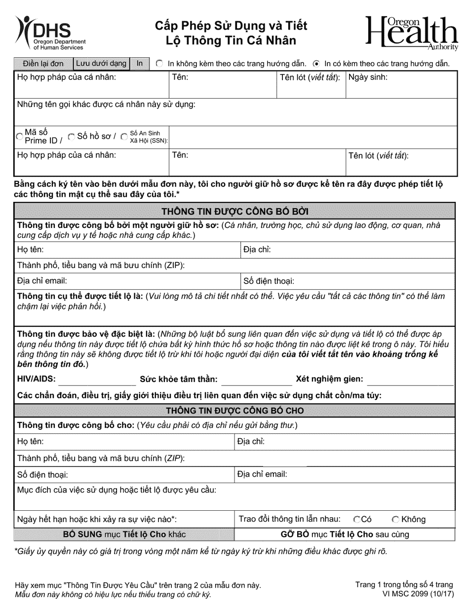 Form MSC2099 Authorization for Use and Disclosure of Individual Information - Oregon (Vietnamese), Page 1