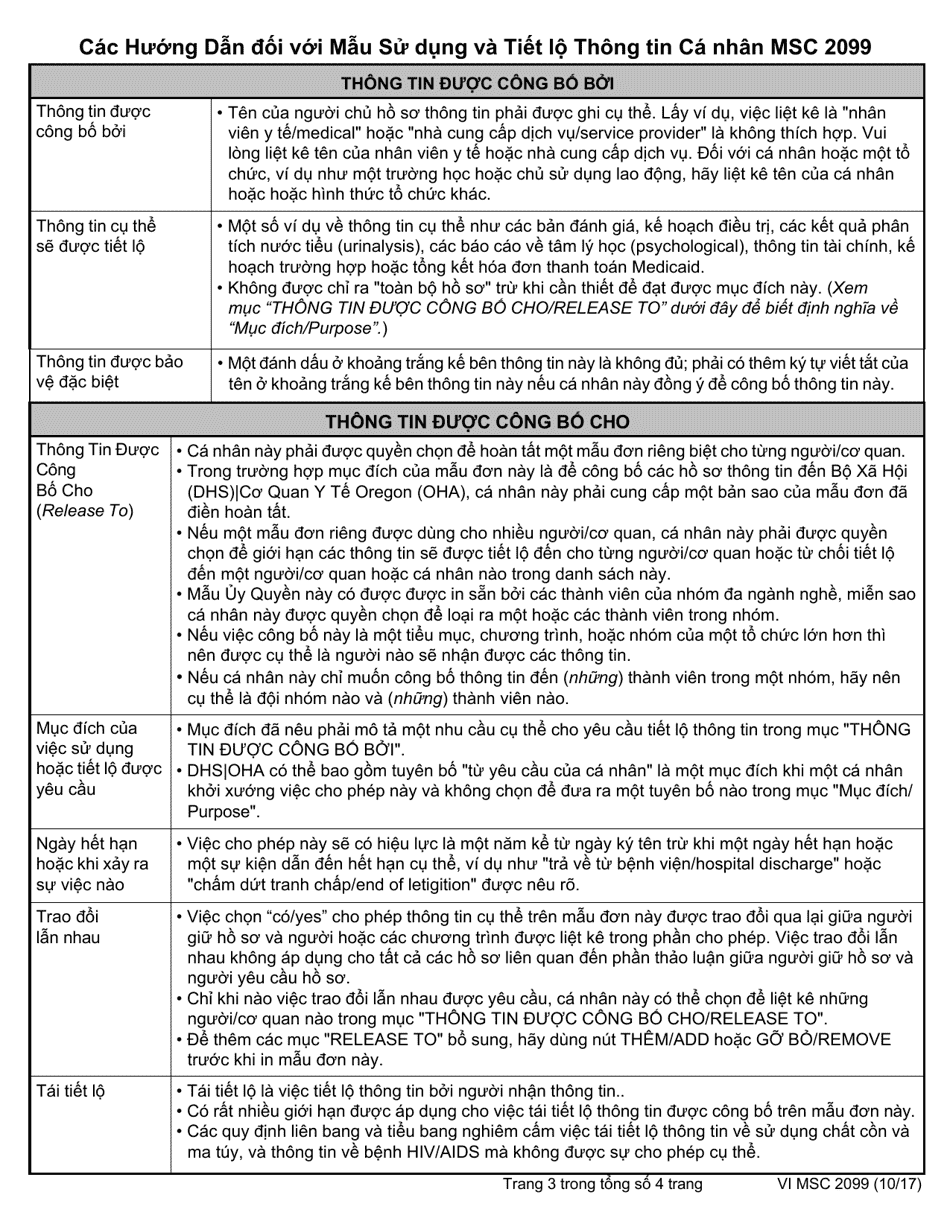Form MSC2099 Authorization for Use and Disclosure of Individual Information - Oregon (Vietnamese), Page 3