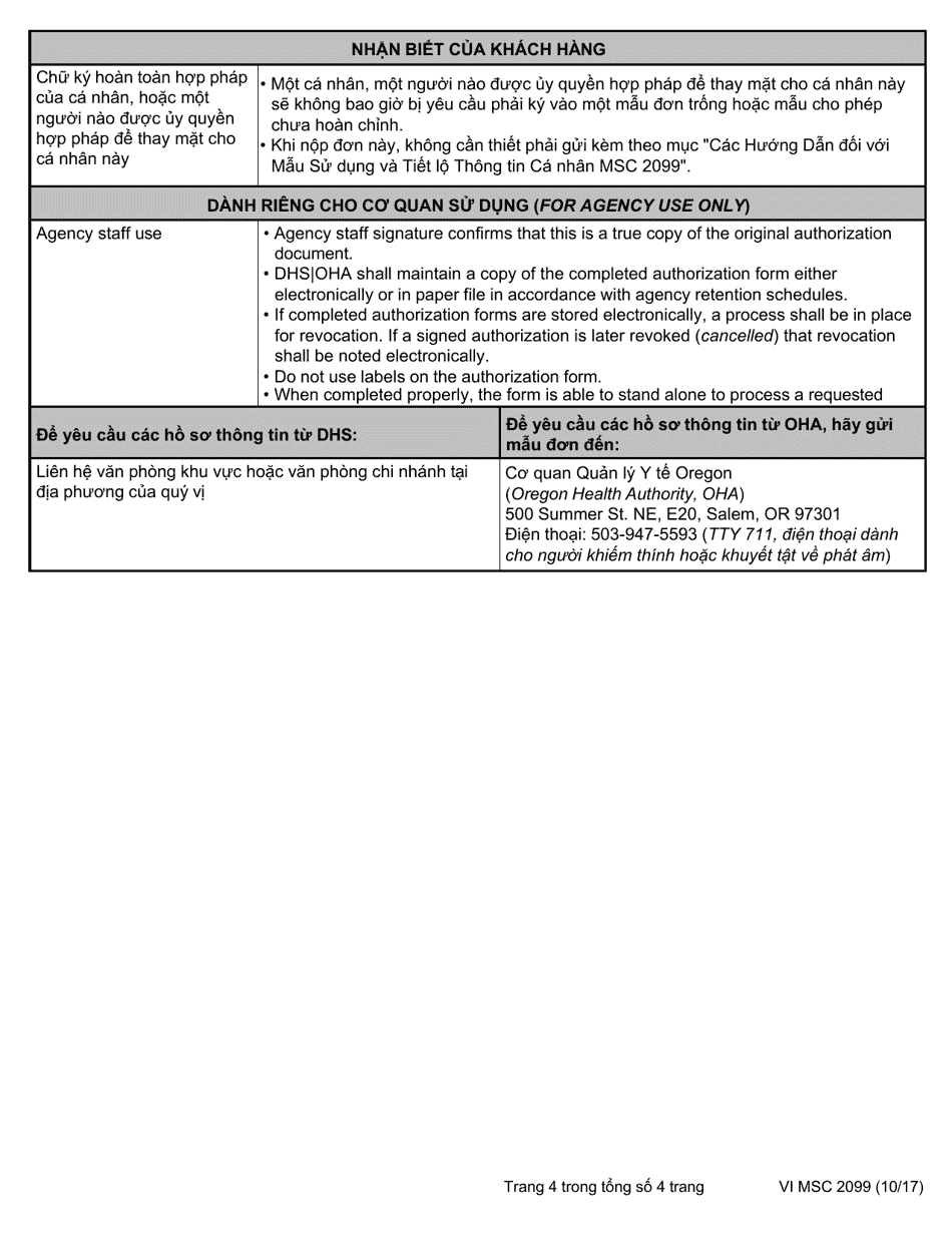 Form MSC2099 Authorization for Use and Disclosure of Individual Information - Oregon (Vietnamese), Page 4