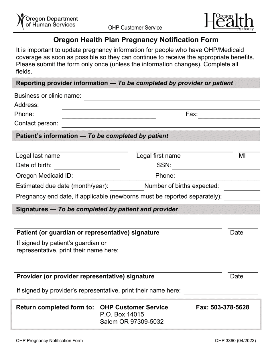 Form OHP3360 Oregon Health Plan Pregnancy Notification Form - Oregon, Page 1