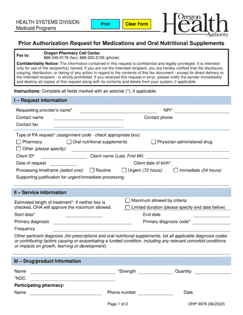 Form OHP3978 Prior Authorization Request for Medications and Oral Nutritional Supplements - Oregon