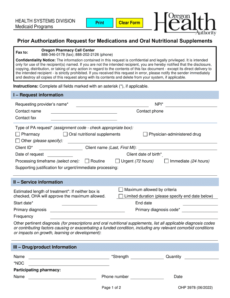 Form OHP3978 Prior Authorization Request for Medications and Oral Nutritional Supplements - Oregon, Page 1