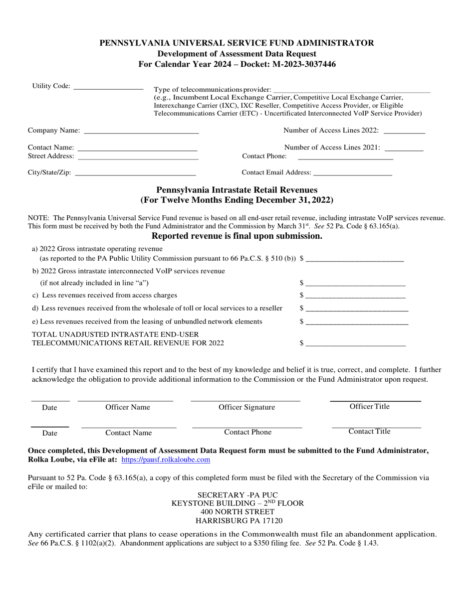 Development of Assessment Data Request - Pennsylvania, Page 1