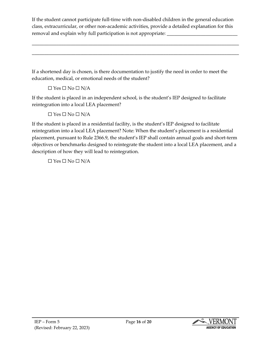 Form 5 Individualized Education Program (Iep) - Vermont, Page 16