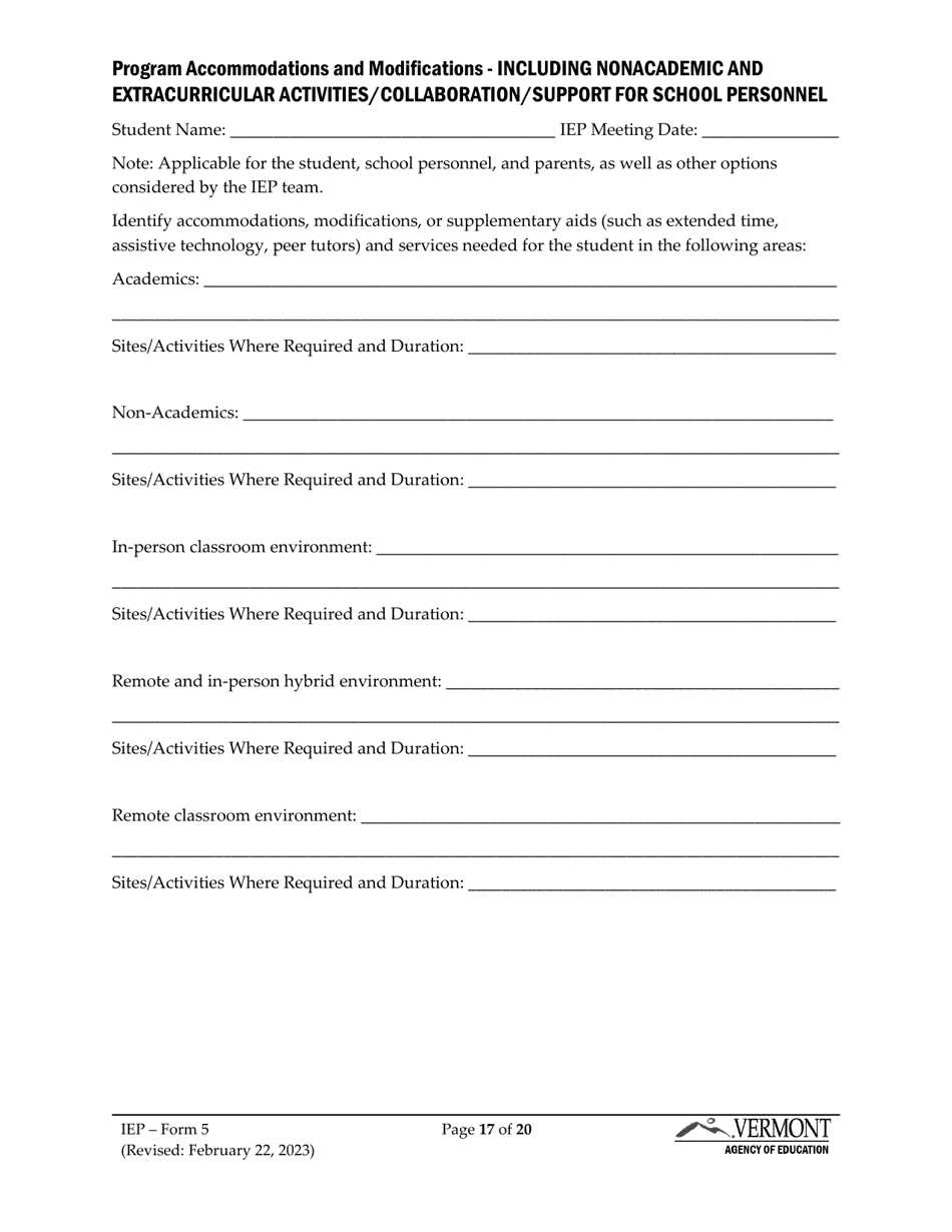 Form 5 Individualized Education Program (Iep) - Vermont, Page 17