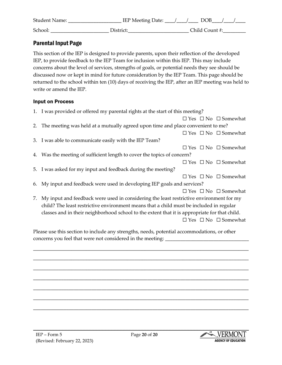 Form 5 Individualized Education Program (Iep) - Vermont, Page 20
