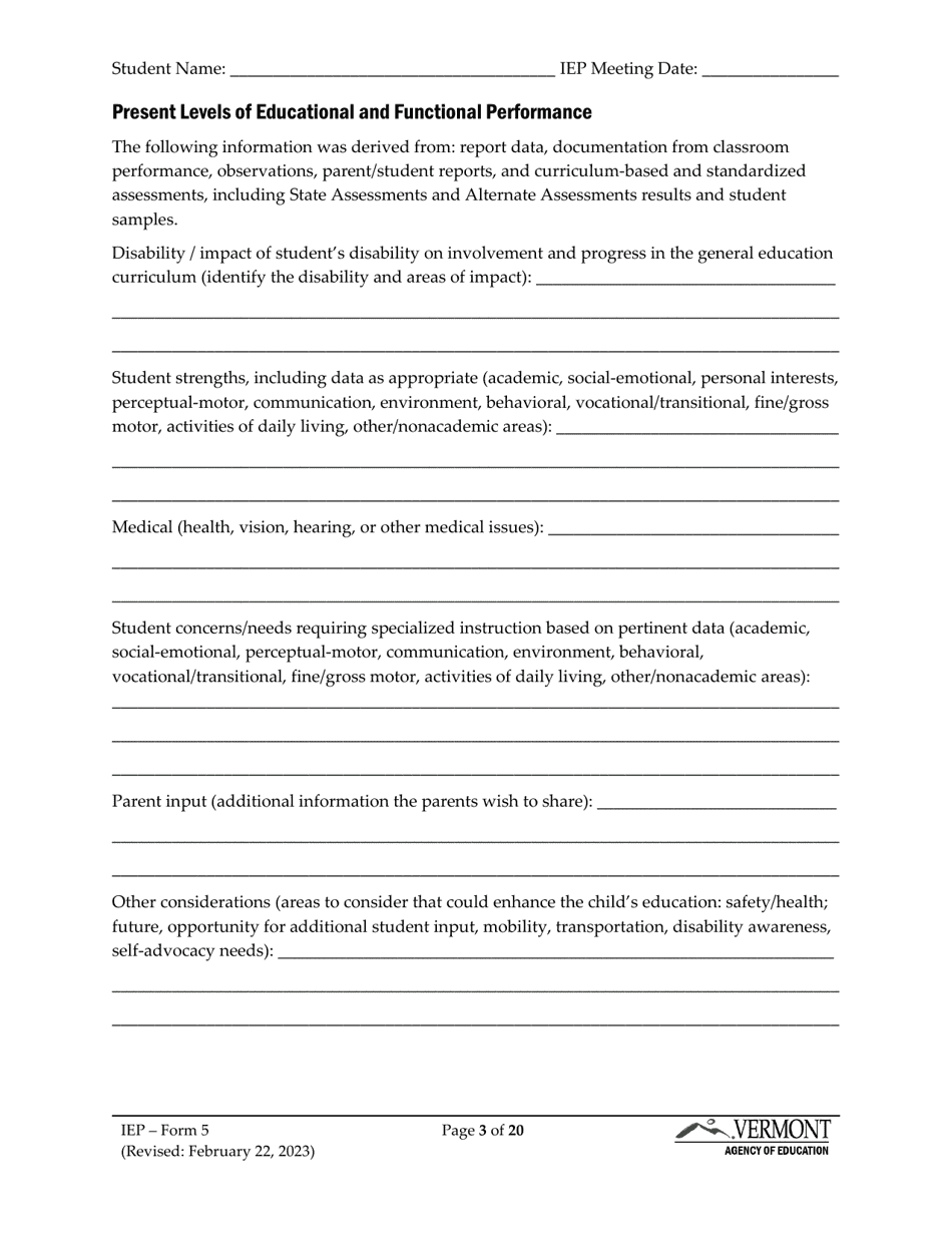 Form 5 Individualized Education Program (Iep) - Vermont, Page 3