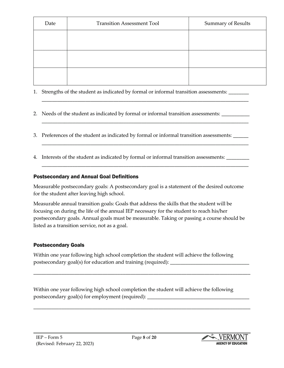 Form 5 Individualized Education Program (Iep) - Vermont, Page 8