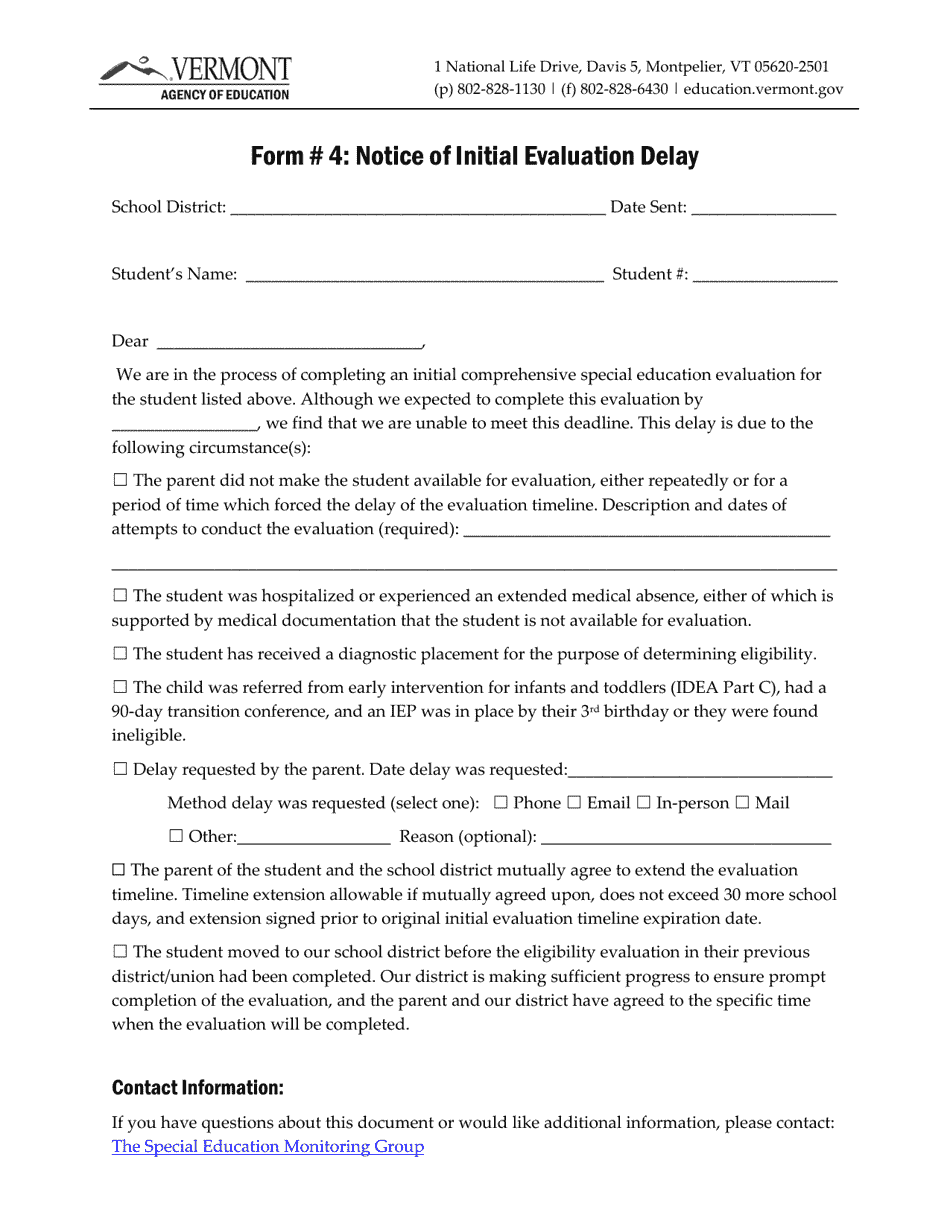 Form 4 Notice of Initial Evaluation Delay - Vermont, Page 1