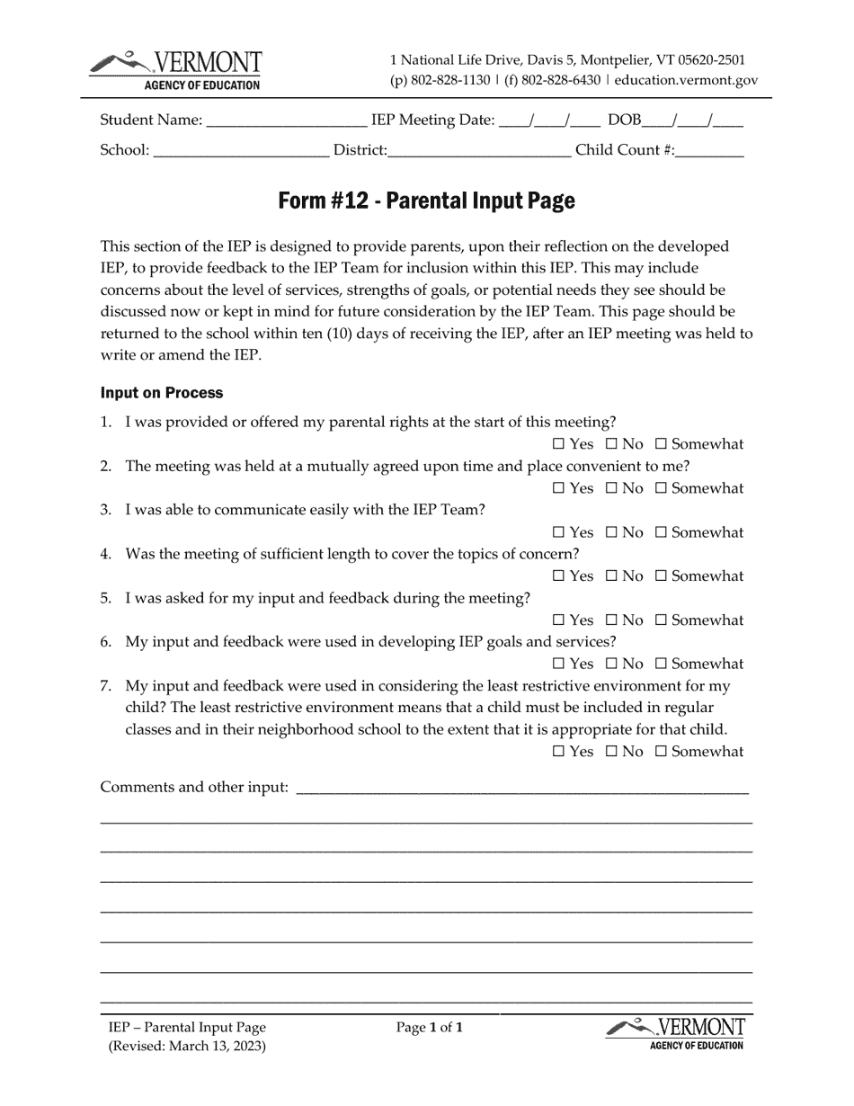 Form 12 Parental Input Page - Vermont, Page 1