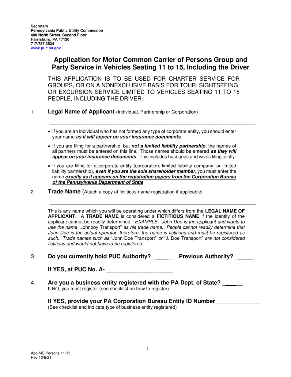 Application for Motor Common Carrier of Persons Group and Party Service in Vehicles Seating 11 to 15, Including the Driver - Pennsylvania, Page 3