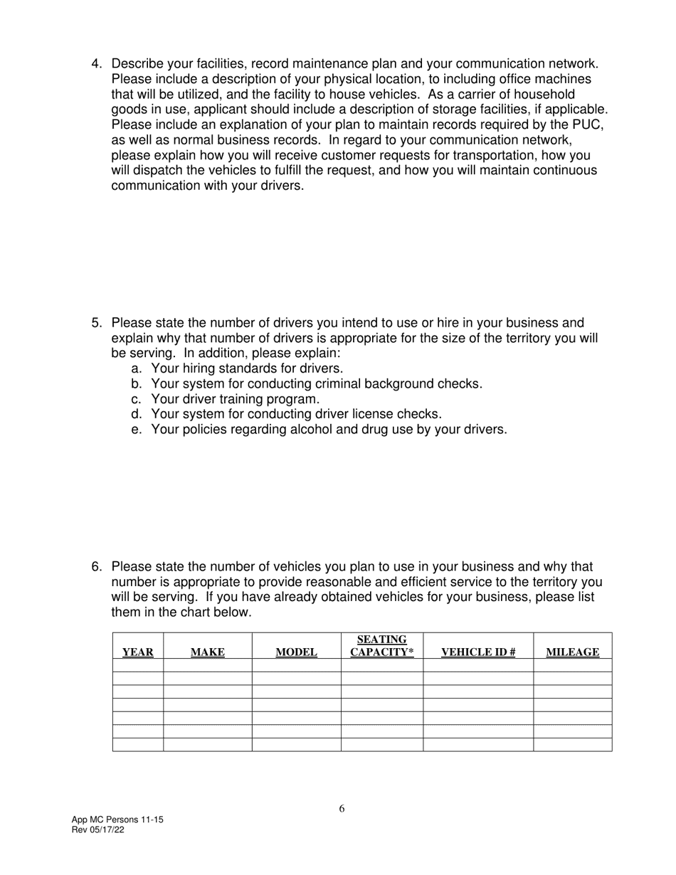 Application for Motor Common Carrier of Persons Group and Party Service in Vehicles Seating 11 to 15, Including the Driver - Pennsylvania, Page 8