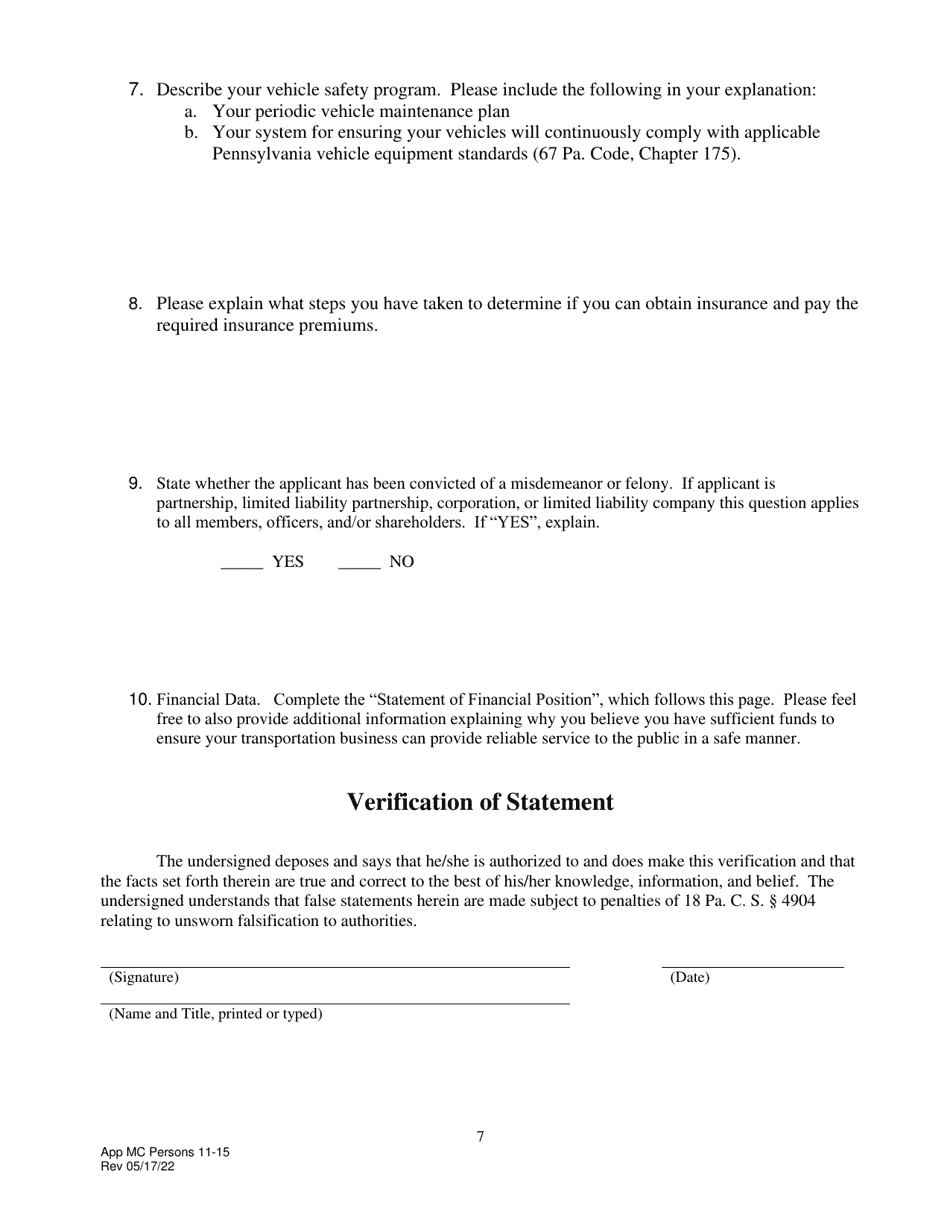 Application for Motor Common Carrier of Persons Group and Party Service in Vehicles Seating 11 to 15, Including the Driver - Pennsylvania, Page 9