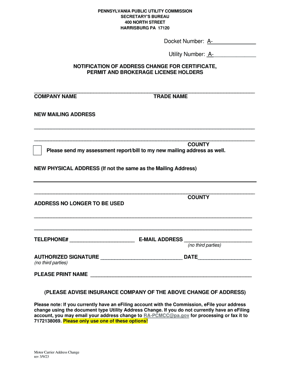 Notification of Address Change for Certificate, Permit and Brokerage License Holders - Pennsylvania, Page 1