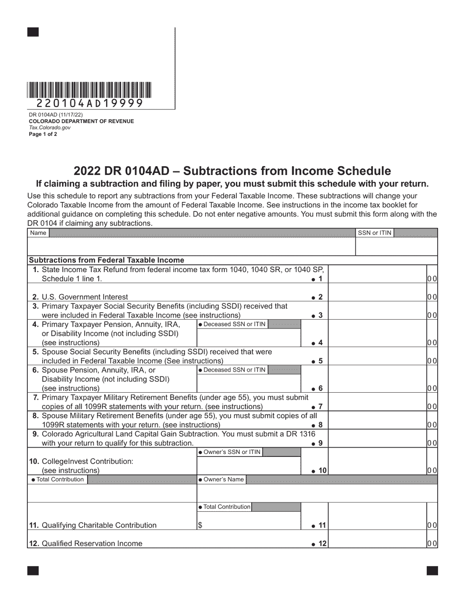Form DR0104AD Individual Income Tax Subtractions Schedule - Colorado, Page 1