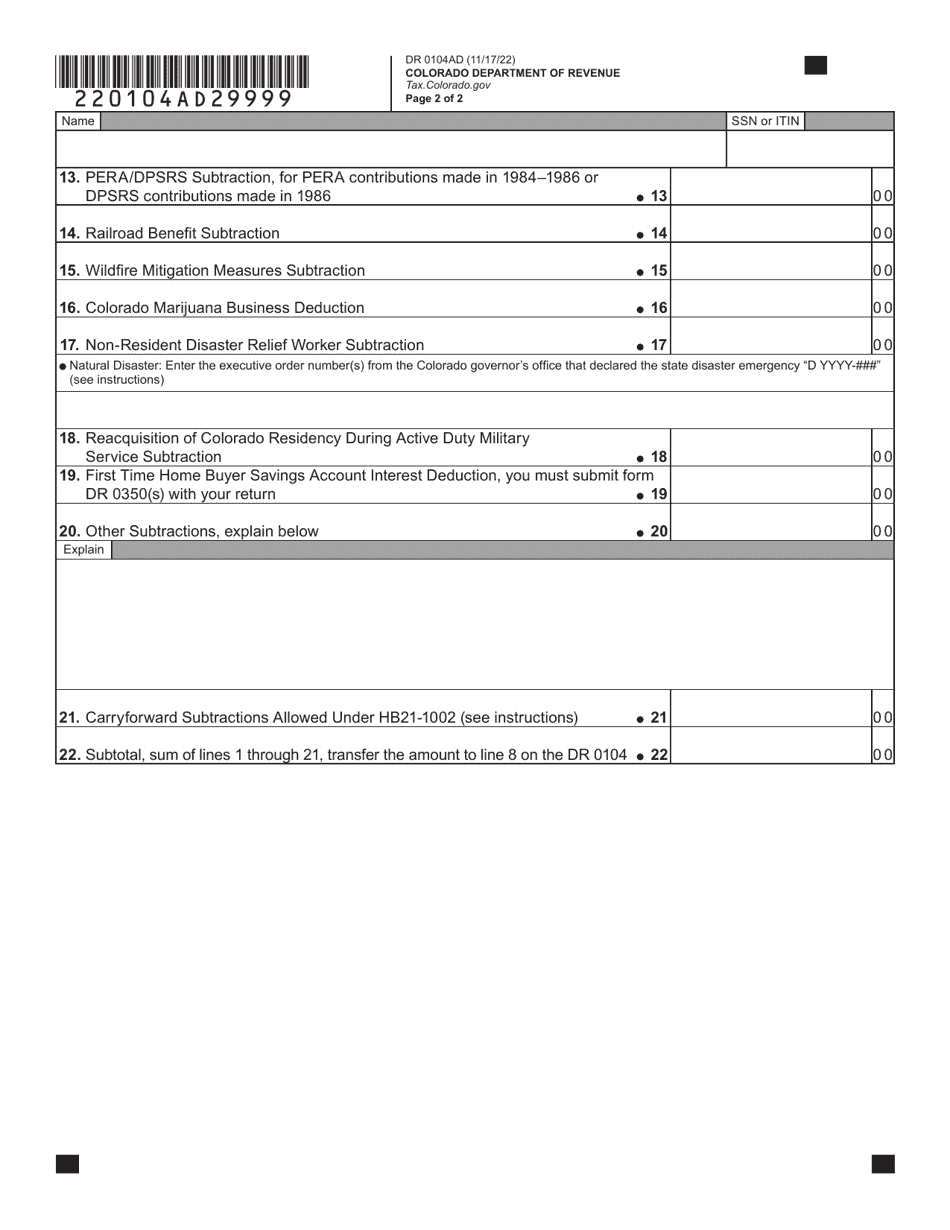 Form DR0104AD Individual Income Tax Subtractions Schedule - Colorado, Page 2