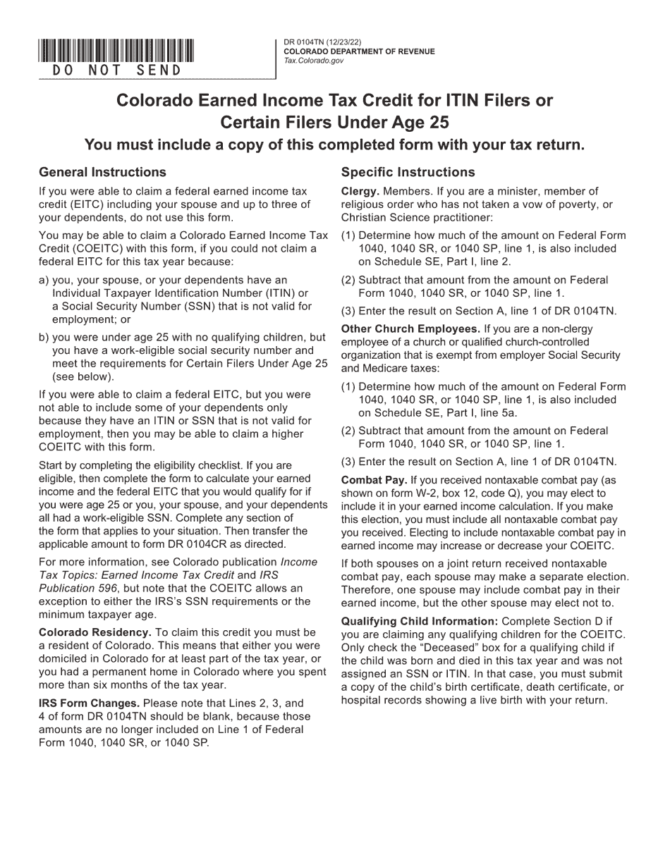 Form DR0104TN Colorado Earned Income Tax Credit Checklist for Itin Filers or Certain Filers Under Age 25 - Colorado, Page 1